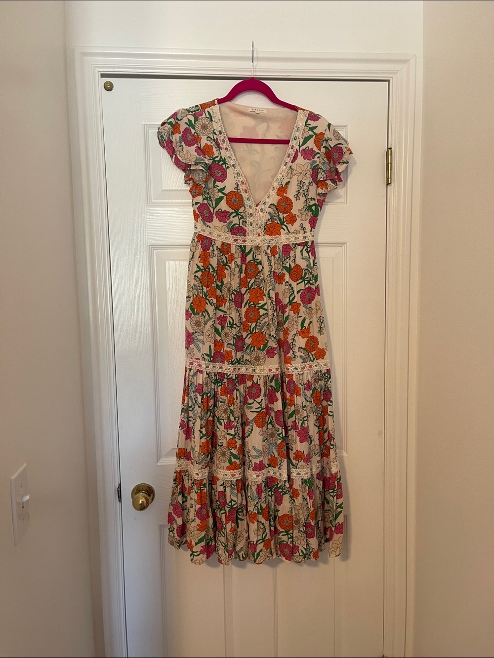 Baevely V-Neck Floral Tiered Maxi Dress, Cream with Orange & Pink Floral Blossom